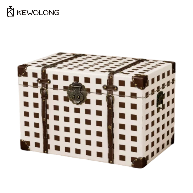 Retro Vintage Trunk Suitcase - ヴィンテージ風チェック柄木製収納ボックス、レトロな格子柄スーツケーストランク、写真撮影用装飾オーガナイザー