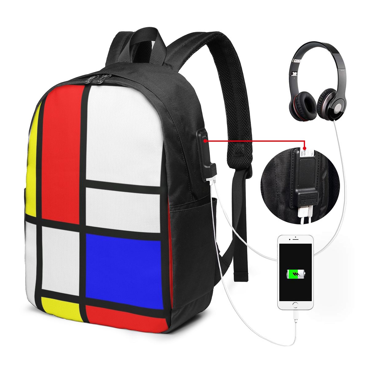 Travel Bags - ピエト・モンドリアン構成バックパック旅行ノートブックバッグコンピュータ大学生スクールバッグラップトップショルダーバッグ男性用女性用