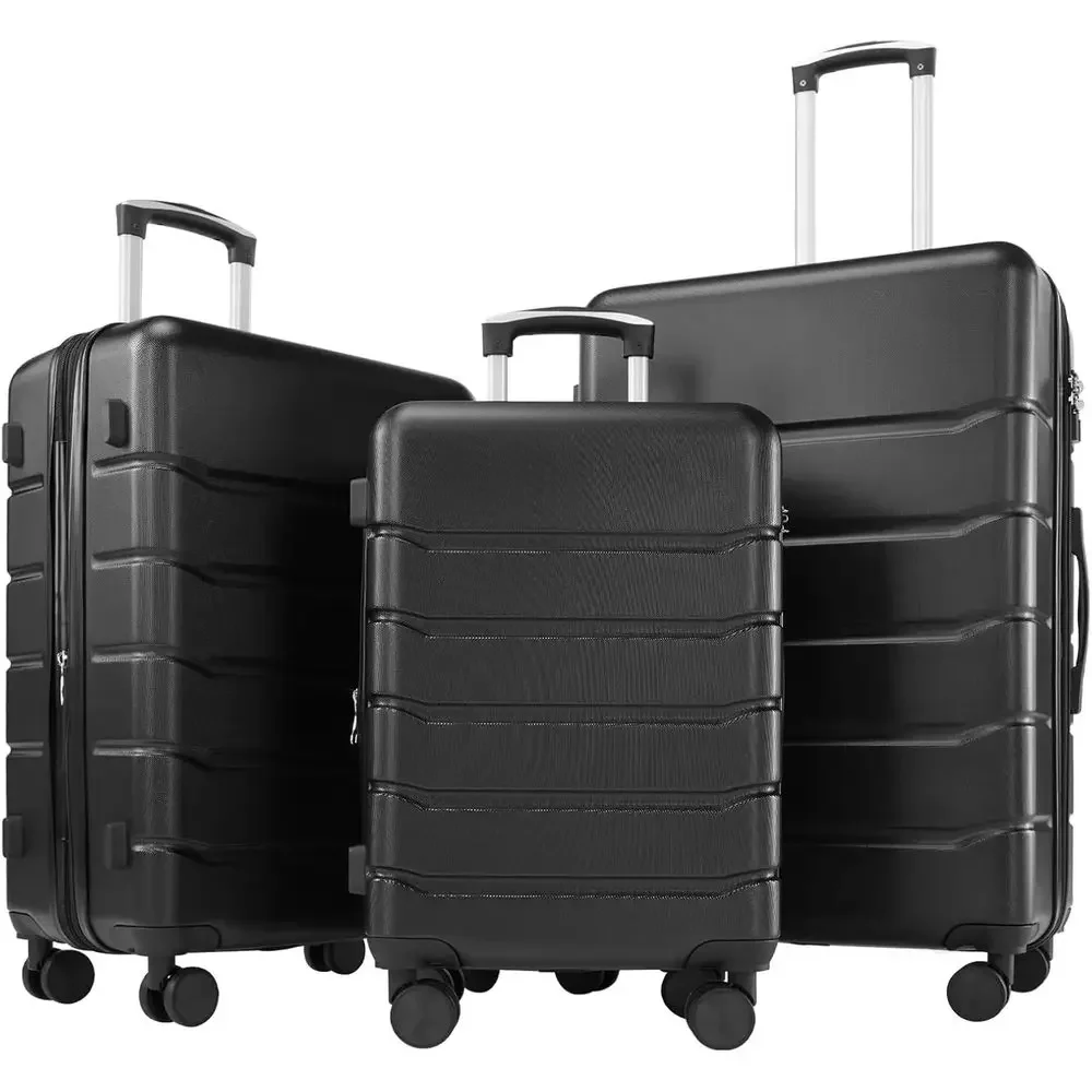 Expandable Hard Shell Luggage Set - 3ピース ハードシェル スピナーラゲッジセット TSAロック付き、拡張可能＆軽量、ブラック（20/24/28インチ）