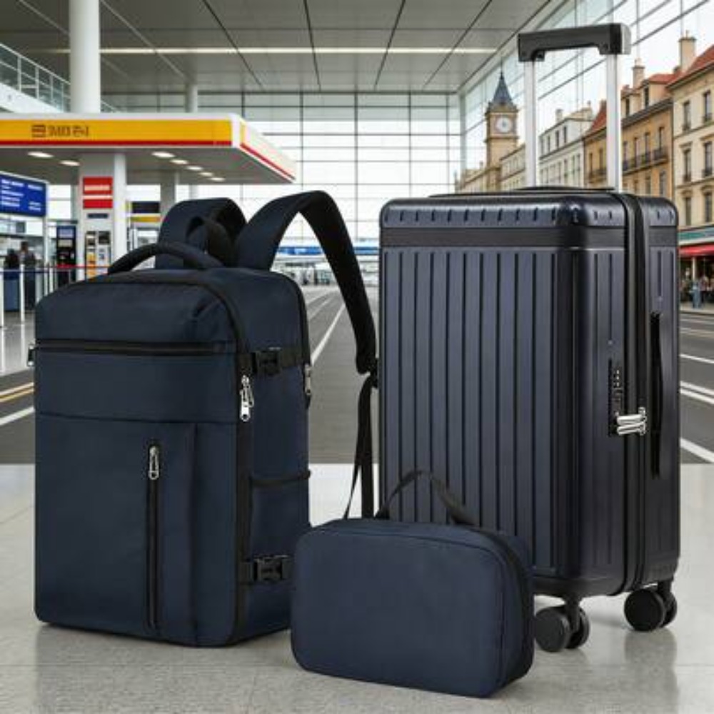 Expandable Hard Shell Luggage Set - 3ピース 20インチ キャリーオンラゲージセット ハードシェルスーツケース トラベルバックパックとメイクアップバッグ付き TSAロック