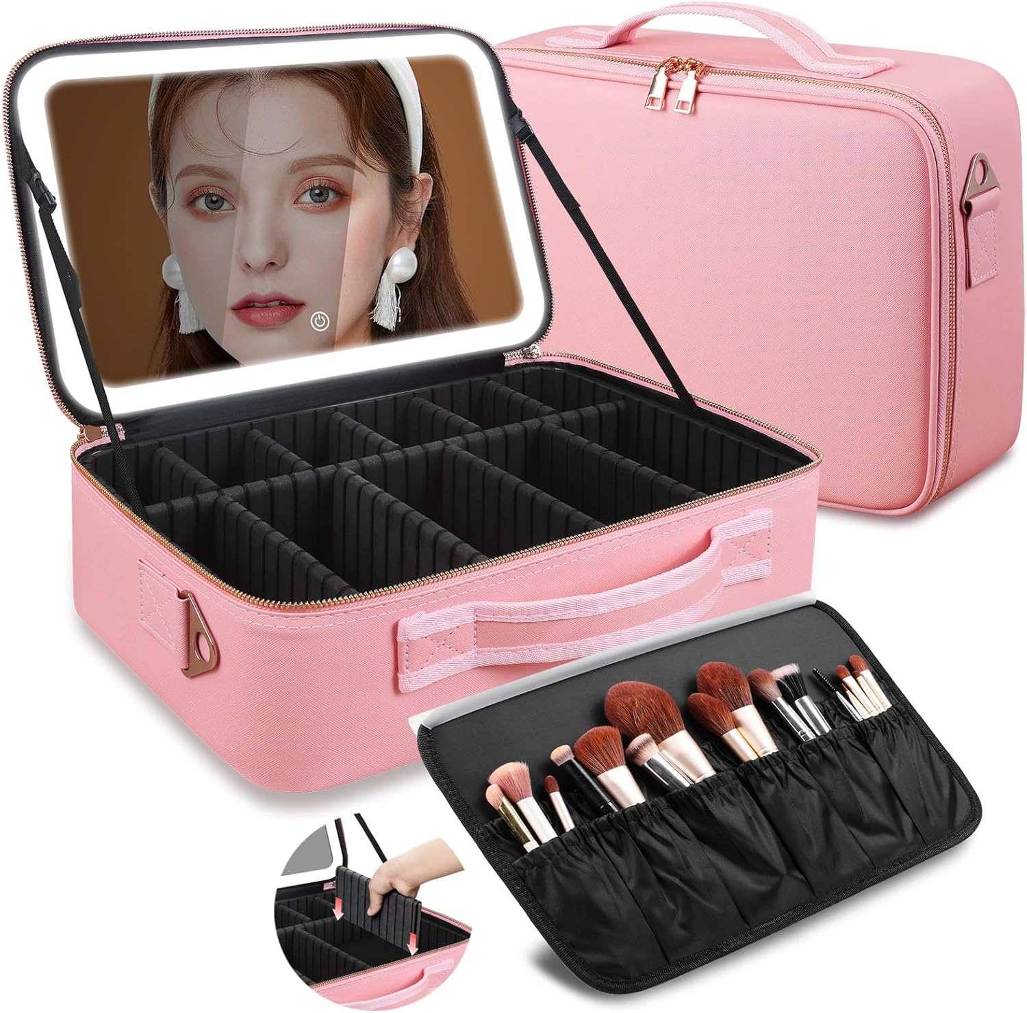 Cosmetic Bags - 大容量メイクアップバッグ 15インチ×11インチ LEDミラー付き 3色ライト メイクアップケースオーガナイザー トラベルコスメティックバッグ